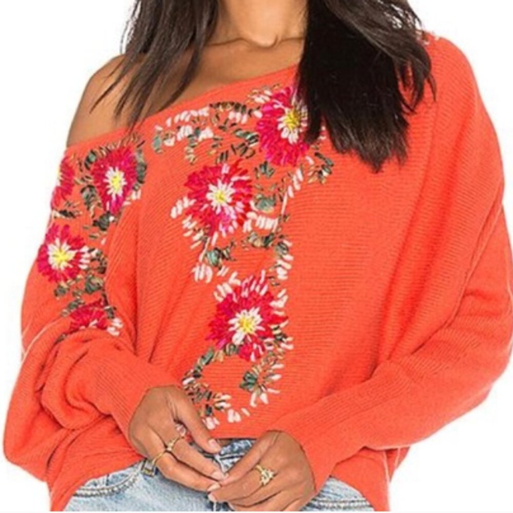 Free People Bouquet Yarn Embroidered Pullover Dolman Orange Ribbed Sweater